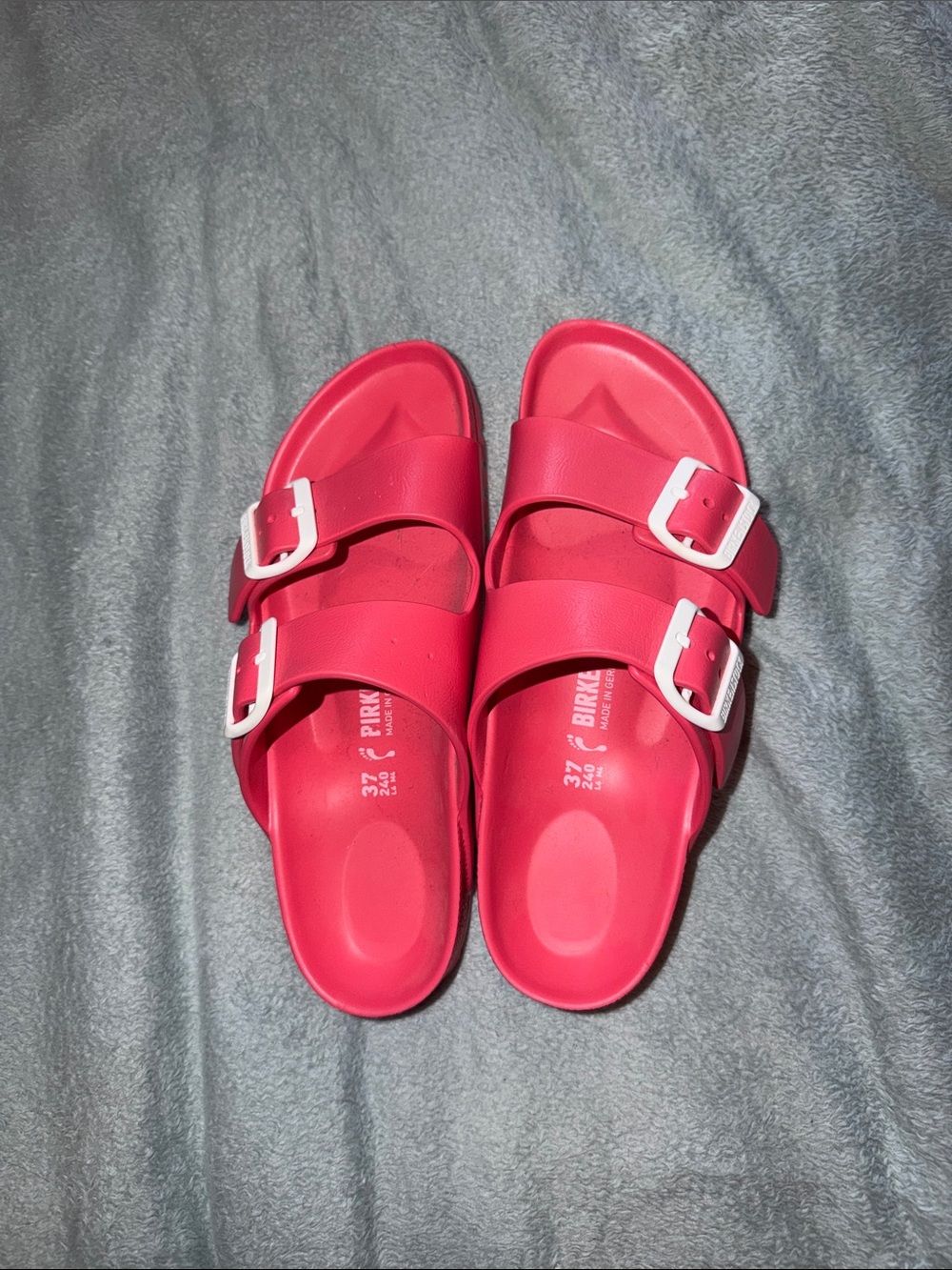 Birkenstock Pink Double-Strap Slide Sandals with White Buckles